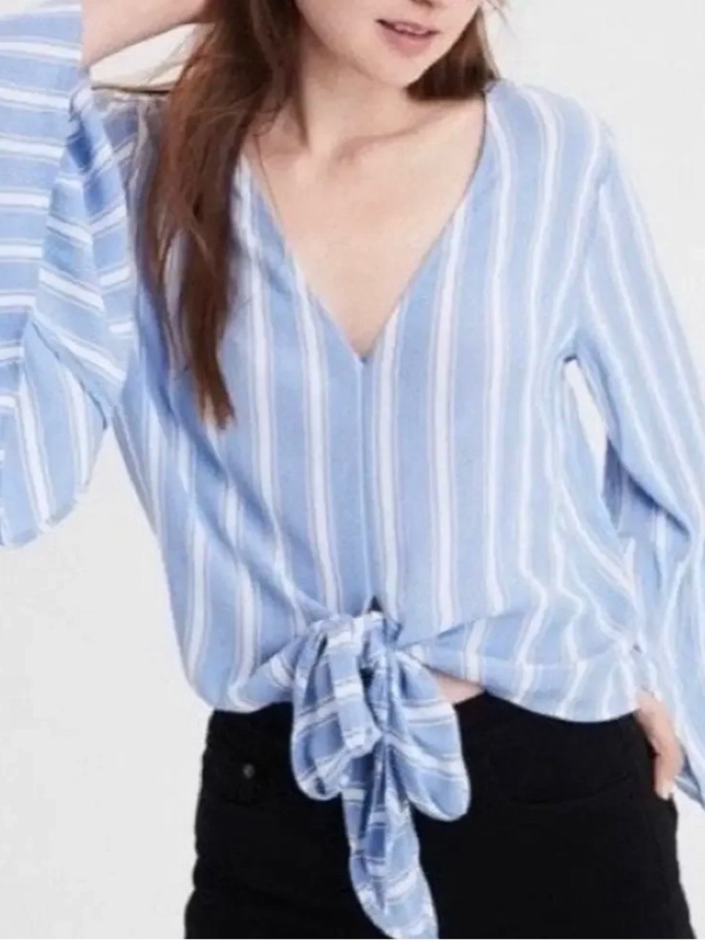 American Eagle Women Blouse Sz Small Tie Front VNeck BOHO Bell Sleeve Shirt Top